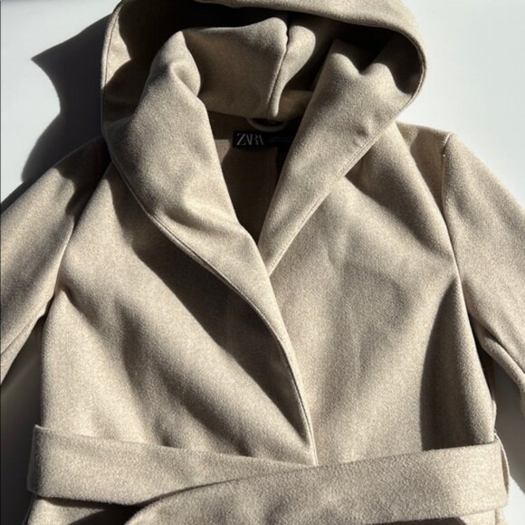 Zara Belted Soft Hooded Longline Coat Jacket Ecru scandi minimalist soft XS - Picture 9 of 16